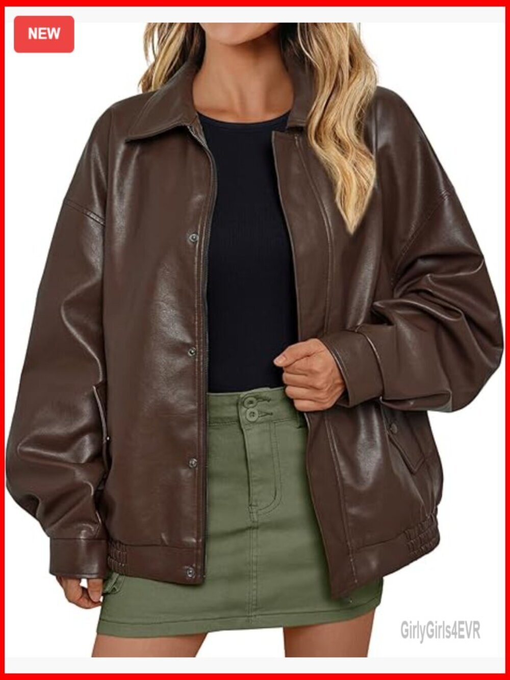 Oversized Faux Leather Motorcycle Jacket, Zip Up Blazer, Long Sleeve